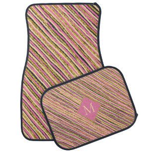 Yellow Gold Glitter Stripes Monogram Pink Car Floor Mat