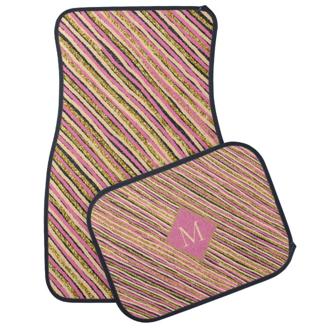 Yellow Gold Glitter Stripes Monogram Pink Car Floor Mat (Set)