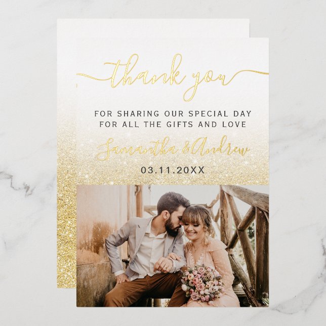 Yellow gold glitter white ombre script thank you foil invitation (Front/Back)
