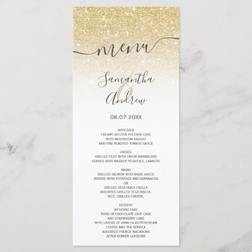 Yellow gold glitter white script wedding menu