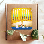 Yellow Gold Hanukkah Menorah Elegant Custom Name Square Sticker<br><div class="desc">A close-up photo of a bright, colorful, yellow gold artsy menorah photo helps you usher in the holiday of Hanukkah. Feel the warmth and joy of the holiday season whenever you use this stunning, colorful Hanukkah sticker. Matching cards, stamps, tote bags, serving trays, and other products are available in my...</div>