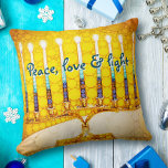 Yellow Gold Hanukkah Menorah Peace Love and Light  Throw Pillow<br><div class="desc">“Peace, love & light.” A close-up photo of a bright, colorful, yellow and gold artsy menorah helps you usher in the holiday of Hanukkah in style. Feel the warmth and joy of the holiday season whenever you relax on this stunning, colorful Hanukkah throw pillow. Makes a striking set of four...</div>