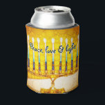 Yellow Gold Hanukkah Menorah Peace Love Light Bold Can Cooler<br><div class="desc">“Peace, love & light.” A calligraphy script quote, overlaying a close-up photo illustration of a bright, colorful, yellow and gold artsy menorah, helps you usher in the holiday of Hanukkah in style. Feel the warmth and joy of the holiday season whenever you relax with your favorite beverage with this stunning,...</div>