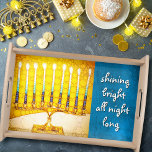 Yellow Gold Hanukkah Menorah Shining Bright Quote Serving Tray<br><div class="desc">“Shining bright all night long.” A close-up photo of a bright, colorful, yellow gold artsy menorah photo with teal accents helps you usher in the holiday of Hanukkah in style. Feel the warmth and joy of the holiday season whenever you use this stunning, colorful Hanukkah wooden serving tray. This serving...</div>