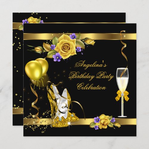 Yellow Gold Heels Black Glitter Birthday Party Invitation