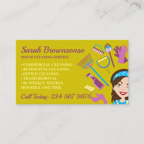 Yellow Gold House Cleaning Janitorial Gloved Apron Business Card