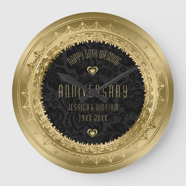 Yellow Gold Lace Frame 25th Wedding Anniversary Large Clock (Front)