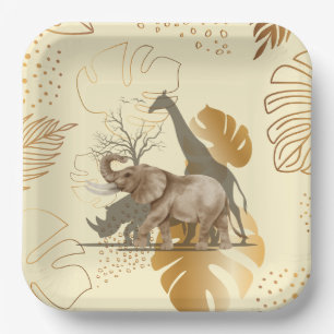 Yellow gold leaves, elephant, giraffe paper plates