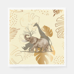 Yellow gold leaves, elephant, giraffe paper plates napkins
