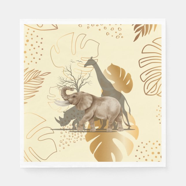 Yellow gold leaves, elephant, giraffe paper plates napkins (Front)