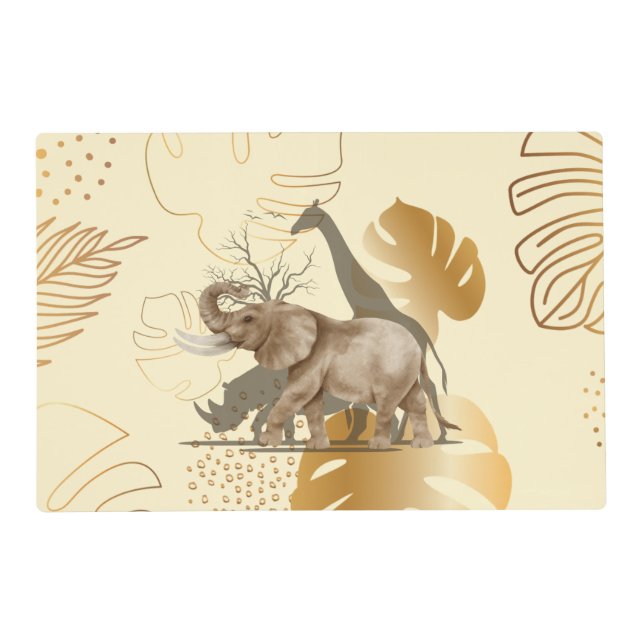 Yellow gold leaves, elephant, giraffe paper plates placemat (Front)
