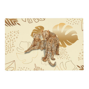 Yellow gold leaves leopard paper place mat