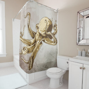 Yellow Gold Octopus on Watercolor Shower Curtain