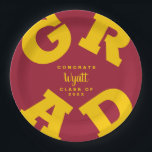 Yellow Gold on Crimson Personalized Graduation Paper Plates<br><div class="desc">GRAD in bold yellow lettering curves around the edges of these crimson red graduation party paper plates - available in 2 sizes. Congratulations above the name of your graduate and the Class of below. The perfect addition to your table decor for upcoming grad parties. **TIP: Click on CUSTOMIZE button; click...</div>