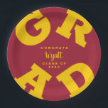 Yellow Gold on Crimson Personalized Graduation Paper Plates<br><div class="desc">GRAD in bold yellow lettering curves around the edges of these crimson red graduation party paper plates - available in 2 sizes. Congratulations above the name of your graduate and the Class of below. The perfect addition to your table decor for upcoming grad parties. **TIP: Click on CUSTOMIZE button; click...</div>