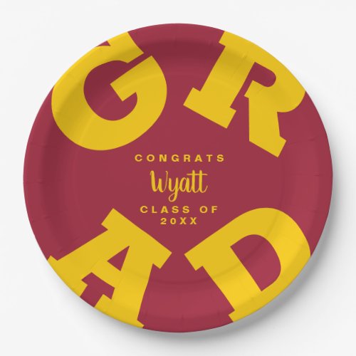 Yellow Gold on Crimson Personalized Graduation Paper Plates