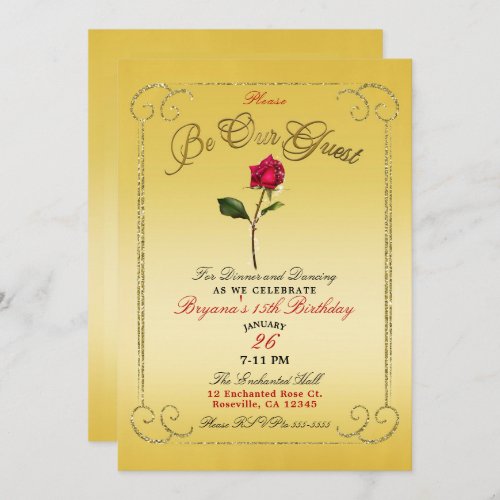 Yellow Gold Red Rose Beauty Birthday Party Invitation