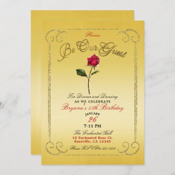 Yellow Gold Red Rose Beauty Birthday Party Invitation by printabledigidesigns at Zazzle