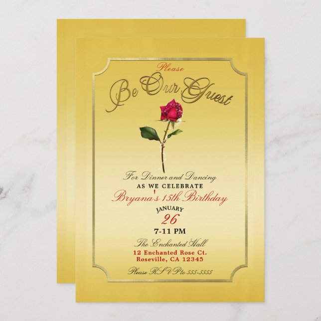 Yellow Gold Red Rose Beauty Birthday Party Invitation (Front/Back)