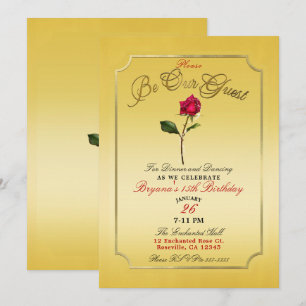 Yellow Gold Red Rose Beauty Birthday Party Invitation