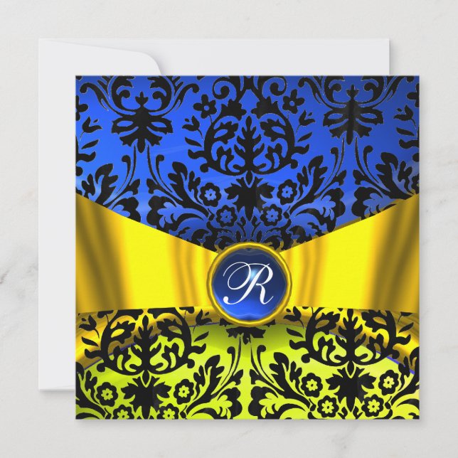 YELLOW GOLD RIBBON BLUE BLACK DAMASK MONOGRAM INVITATION (Front)