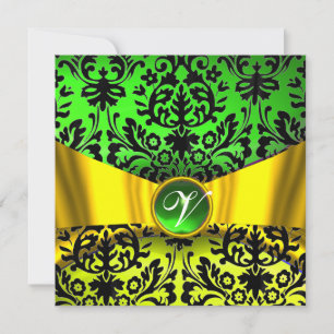 YELLOW GOLD RIBBON EMERALD BLACK DAMASK MONOGRAM INVITATION