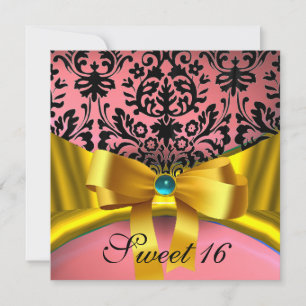 YELLOW GOLD RIBBON PINK BLACK DAMASK INVITATION