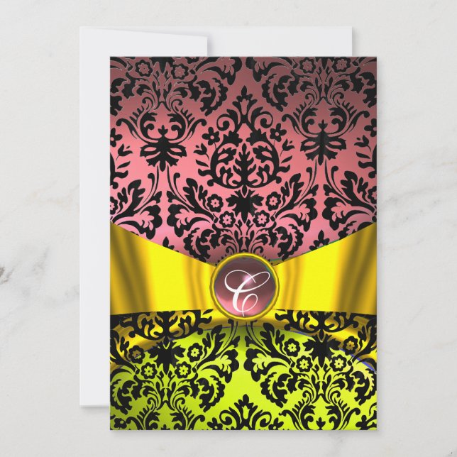 YELLOW GOLD RIBBON PINK BLACK DAMASK MONOGRAM INVITATION (Front)