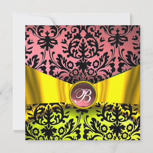 YELLOW GOLD RIBBON PINK BLACK DAMASK MONOGRAM INVITATION