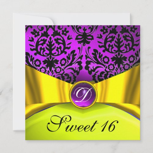 YELLOW GOLD RIBBON PURPLE BLACK DAMASK MONOGRAM INVITATION