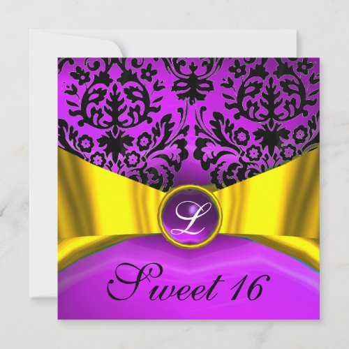 YELLOW GOLD RIBBON PURPLE BLACK DAMASK MONOGRAM INVITATION