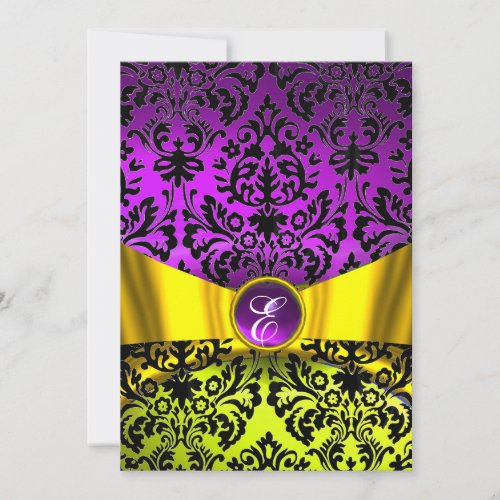 YELLOW GOLD RIBBON PURPLE BLACK DAMASK MONOGRAM INVITATION