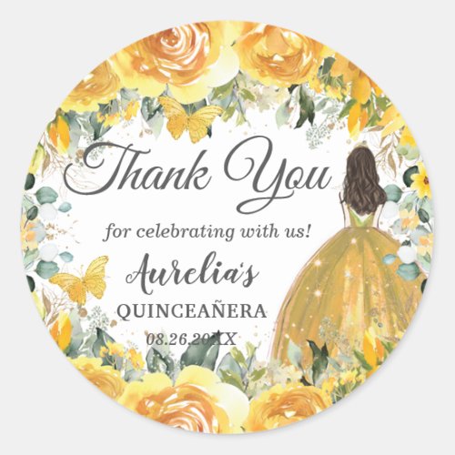 Yellow Gold Rose Floral Butterflies Princess Favor Classic Round Sticker