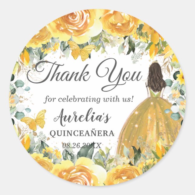 Yellow Gold Rose Floral Butterflies Princess Favor Classic Round Sticker (Front)