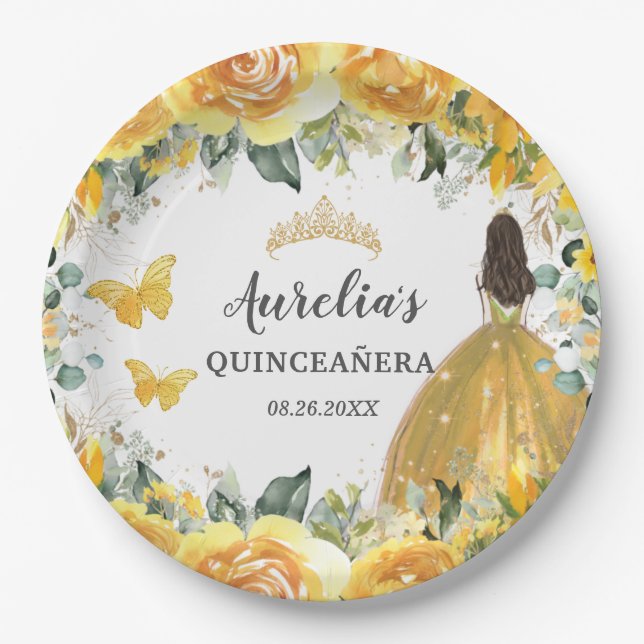 Yellow Gold Rose Floral Butterflies Princess  Paper Plates (Front)