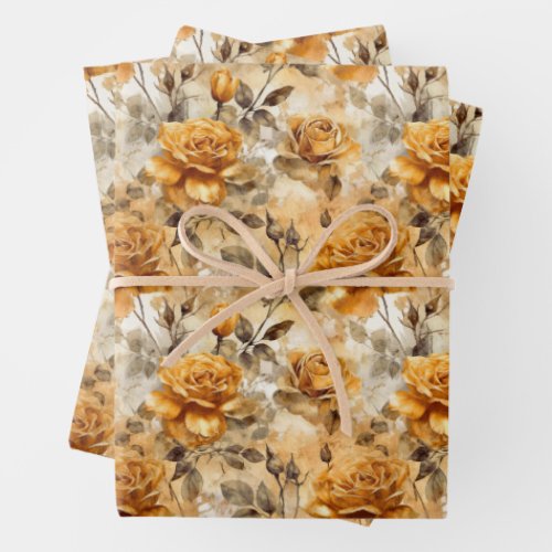 Yellow Gold Roses Pattern Wrapping Paper Sheets