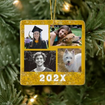 Yellow Gold Snowflakes Family Photo Collage Ceramic Ornament by holiday_store at Zazzle