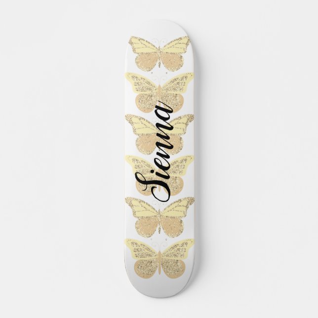 Yellow Gold Sparkle Butterflies Personalized Skateboard (Front)