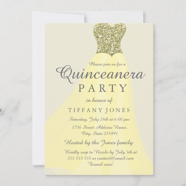 Yellow Gold Sparkling Glitter Gown Quinceanera Invitation (Front)