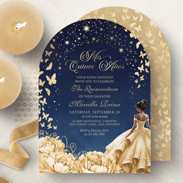 Yellow Gold Stars Butterflies Floral Quinceanera Invitation (Creator Uploaded)
