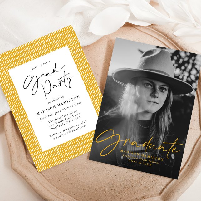 Yellow Gold Stylish Script Photo Graduation Party  Invitation (Creator Uploaded)