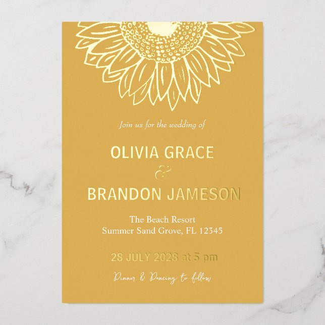 Yellow Gold  Sunflower Modern Floral Wedding  Foil Invitation (Front)
