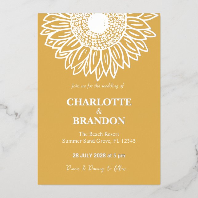 Yellow Gold Sunflower Wedding  Foil Invitation (Front)