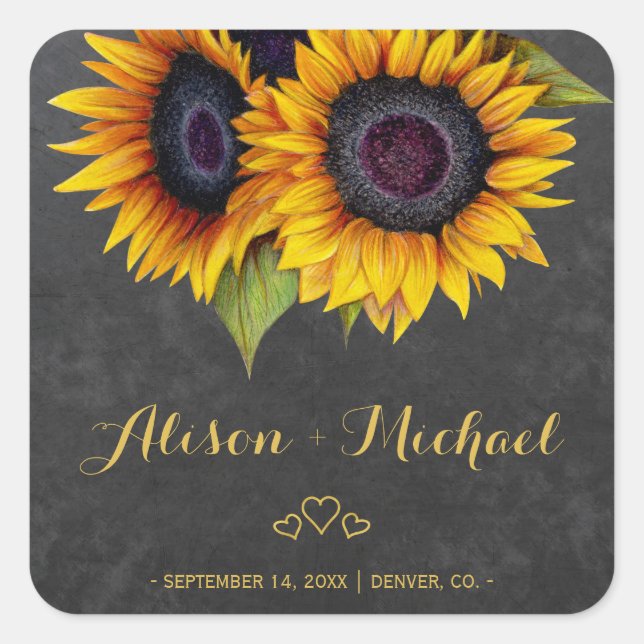 Yellow gold sunflowers rustic chalkboard wedding square sticker (Front)