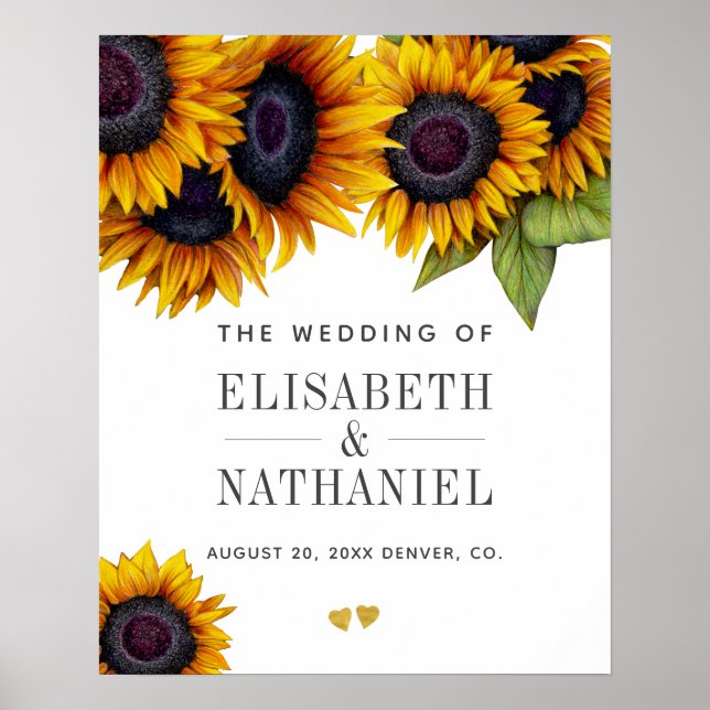 Yellow gold sunflowers rustic wedding welcome sign (Front)