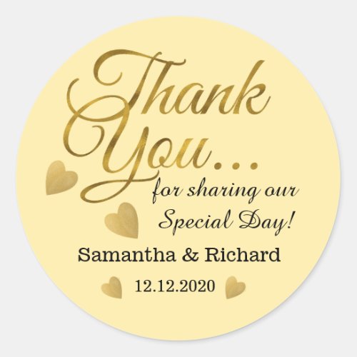 Yellow Gold Thank You Wedding Favor Classic Round Sticker