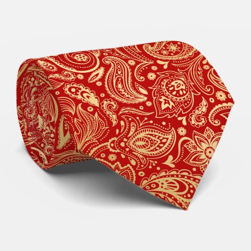 Yellow Gold Vintage Paisley Custom Red Background Neck Tie