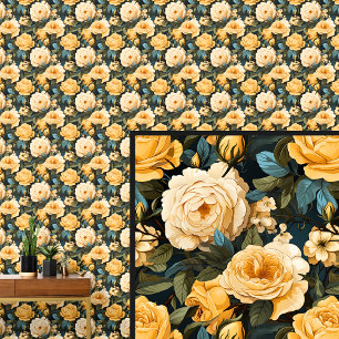 Yellow Gold Vintage Rose Floral Shabby Chic Wallpaper