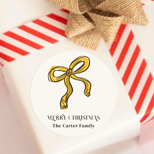 Yellow Gold Watercolor Christmas Bow Sketch Classic Round Sticker (Yellow Gold Watercolor Christmas Bow Illustrated Sketch Classic Round Sticker)