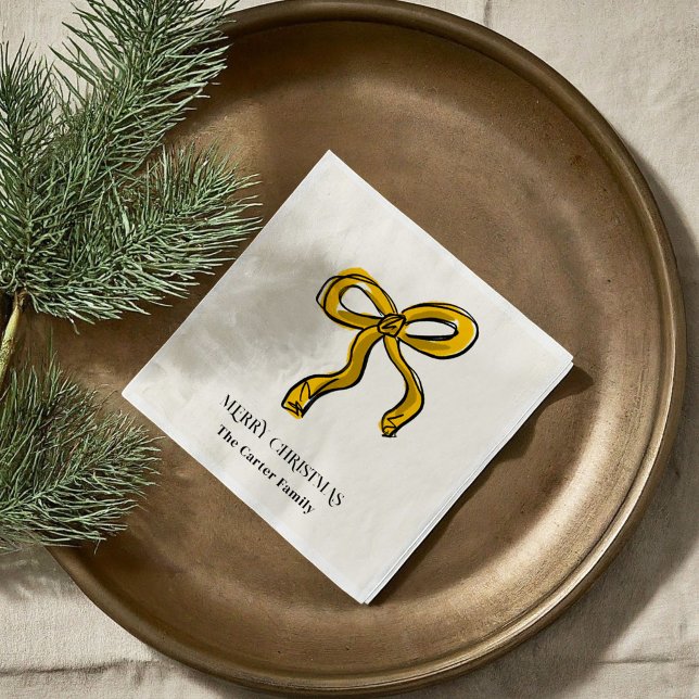 Yellow Gold Watercolor Christmas Bow Sketch Napkins (Yellow Gold Watercolor Christmas Bow Sketch Illustration Holiday Party Paper Napkins)